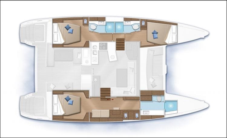Accommodation layout seen from above: the four cabins and their shower rooms, in both hulls