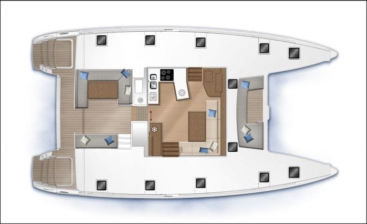Main deck layout seen from above: aft cockpit, indoor saloon, galley and forward trampolines