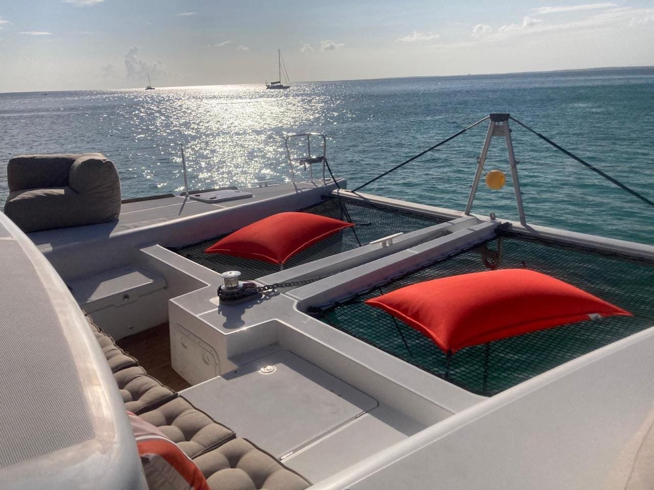 The catamaran's foredeck and nets, off the coast of St Martin